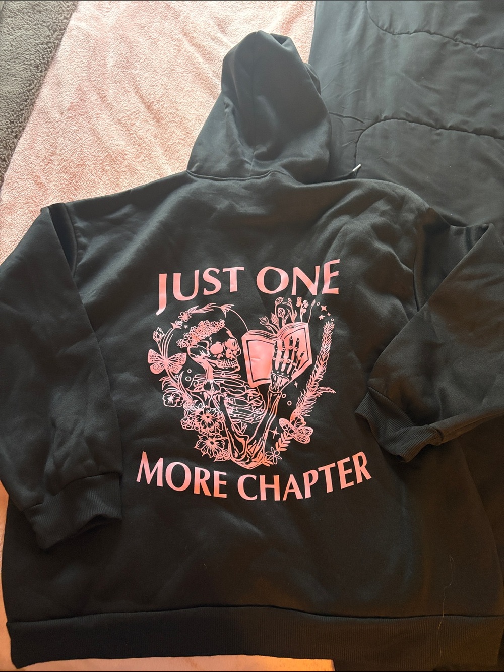 SHEIN Black Hoodie with Pink "Just One More Chapter" Graphic